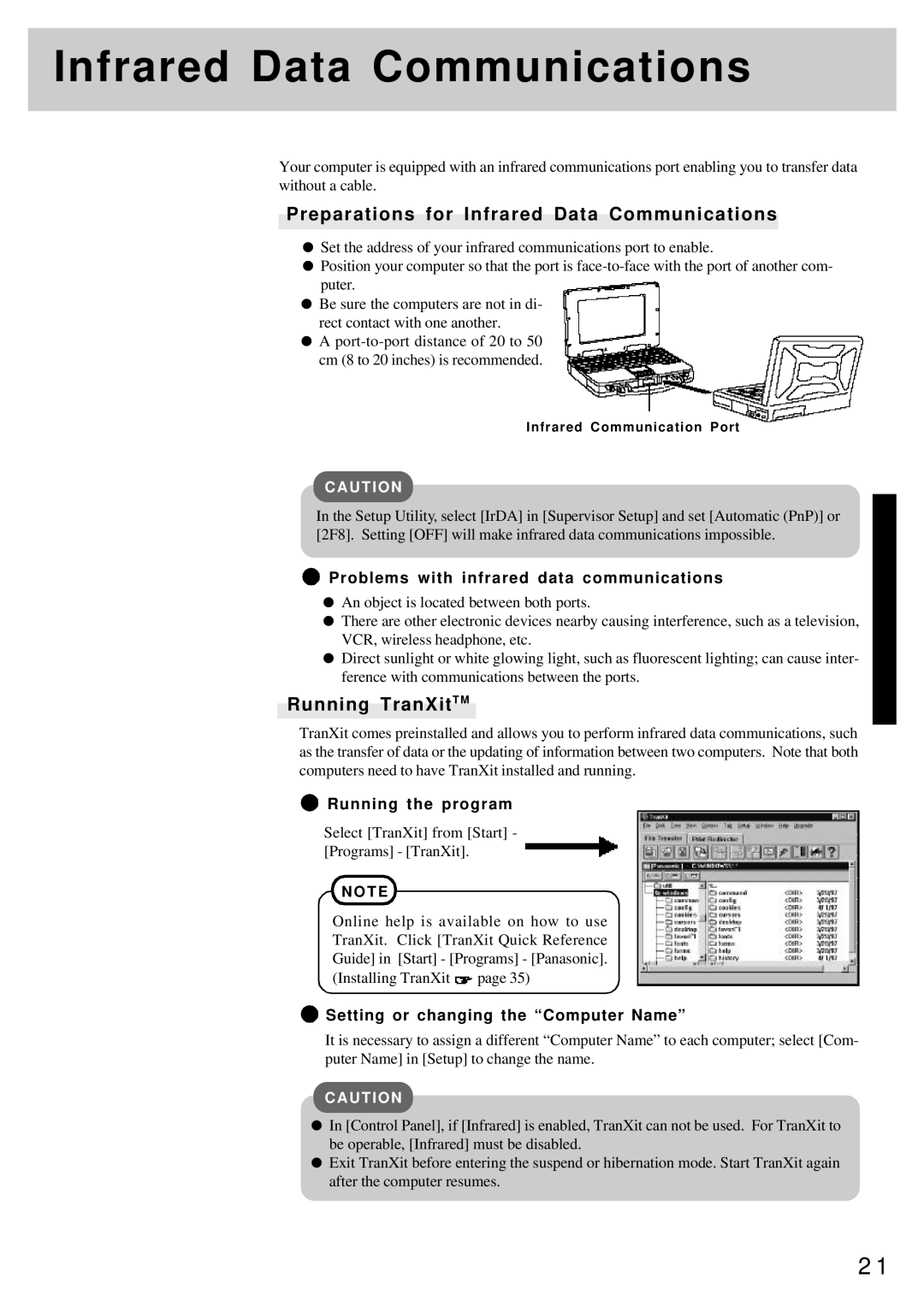 Panasonic CF-25 operating instructions Preparations for Infrared Data Communications, Running TranXitT M 