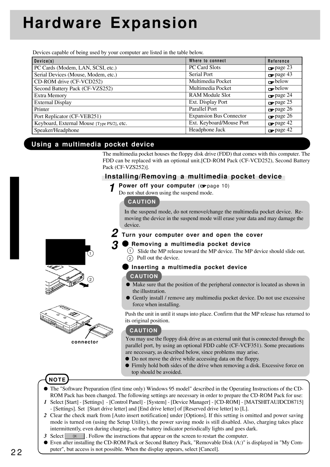 Panasonic CF-25 Hardware Expansion, Using a multimedia pocket device, Installing/Removing a multimedia pocket device 