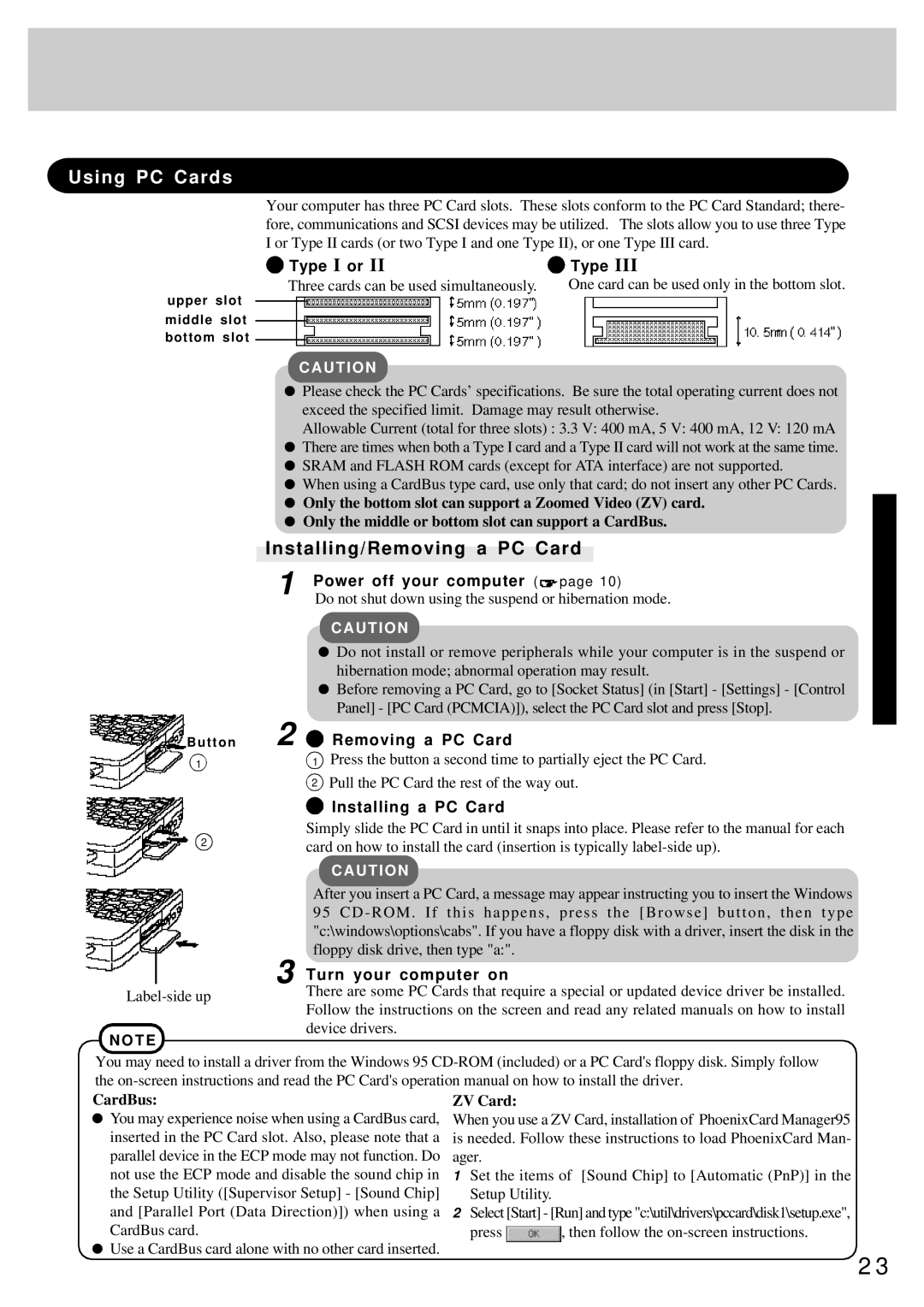 Panasonic CF-25 operating instructions Using PC Cards, Installing/Removing a PC Card 