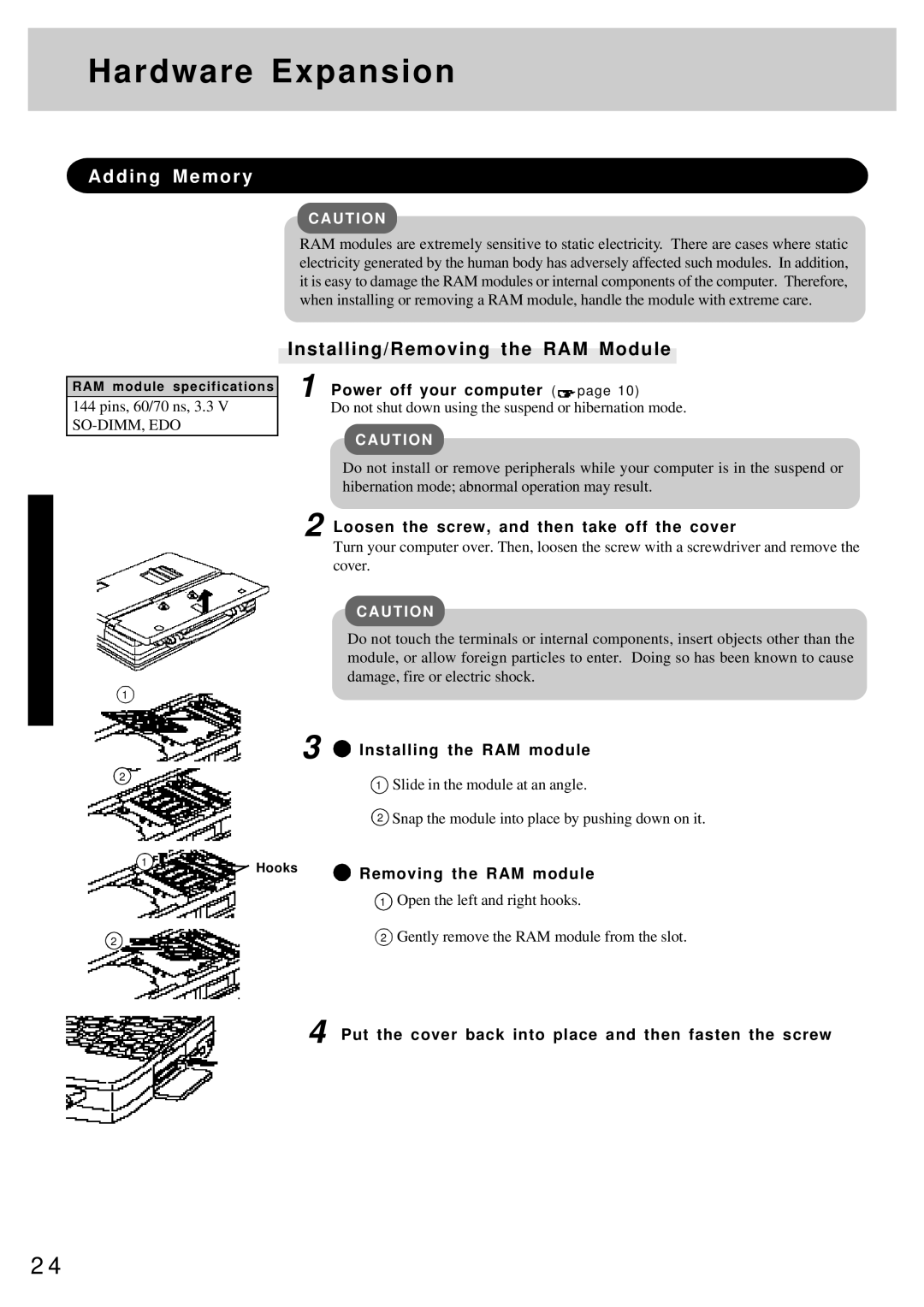 Panasonic CF-25 Adding Memory, Installing/Removing the RAM Module, Loosen the screw, and then take off the cover 