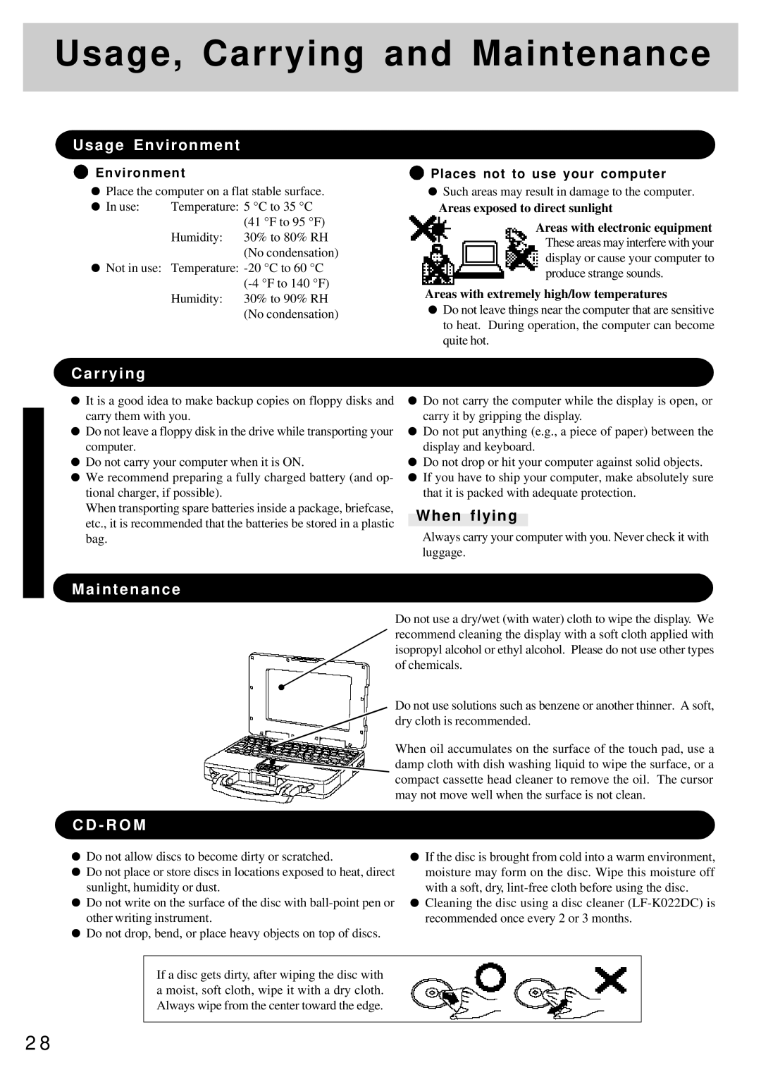 Panasonic CF-25 operating instructions Usage, Carrying, Maintenance 