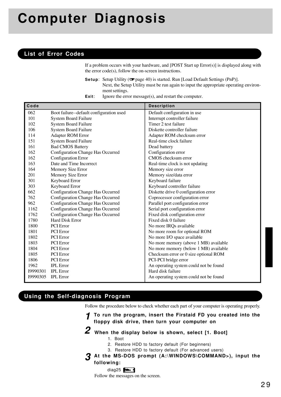 Panasonic CF-25 operating instructions Computer Diagnosis, List of Error Codes, Using the Self-diagnosis Program 