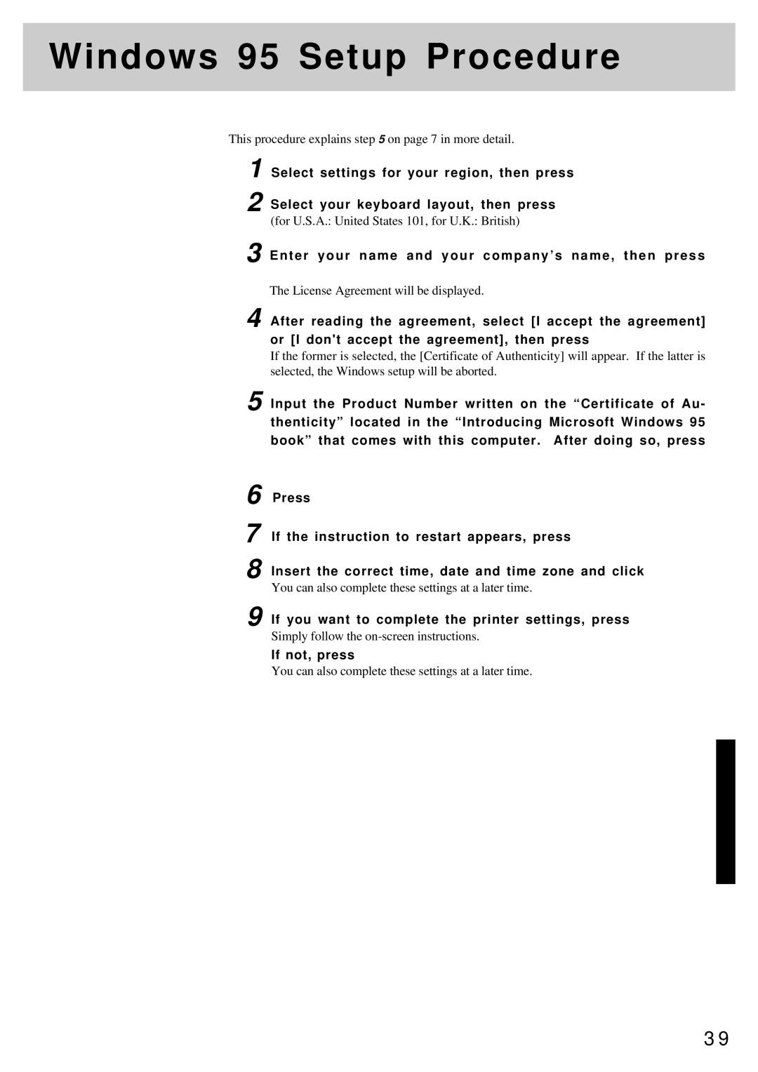 Panasonic CF-25 Windows 95 Setup Procedure, Enter your name and your company’s name, then press, If not, press 