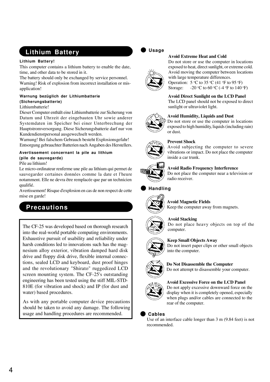 Panasonic CF-25 operating instructions Usage, Handling, Cables 