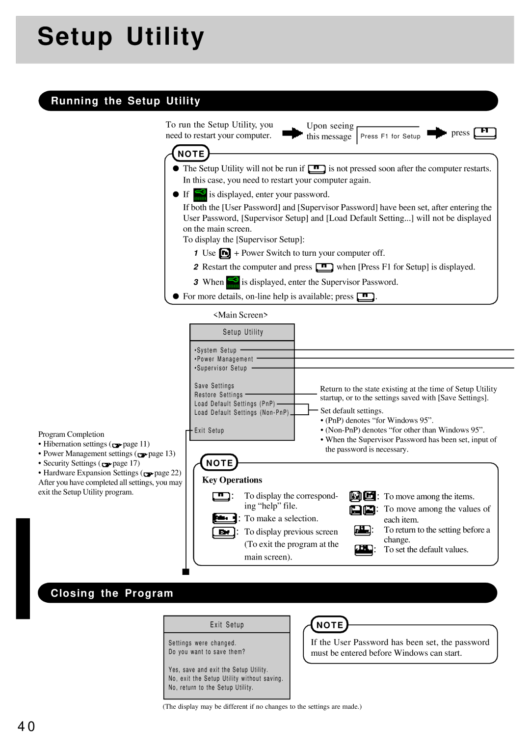 Panasonic CF-25 operating instructions Running the Setup Utility, Closing the Program, Key Operations 