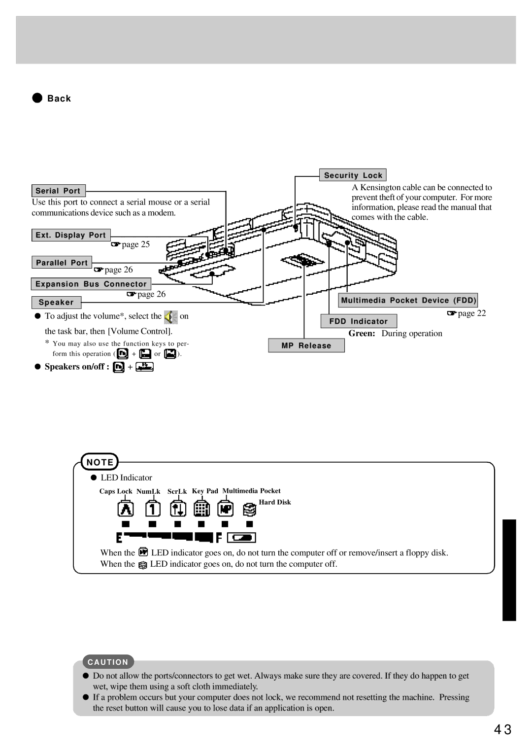 Panasonic CF-25 operating instructions Back, Speakers on/off + 