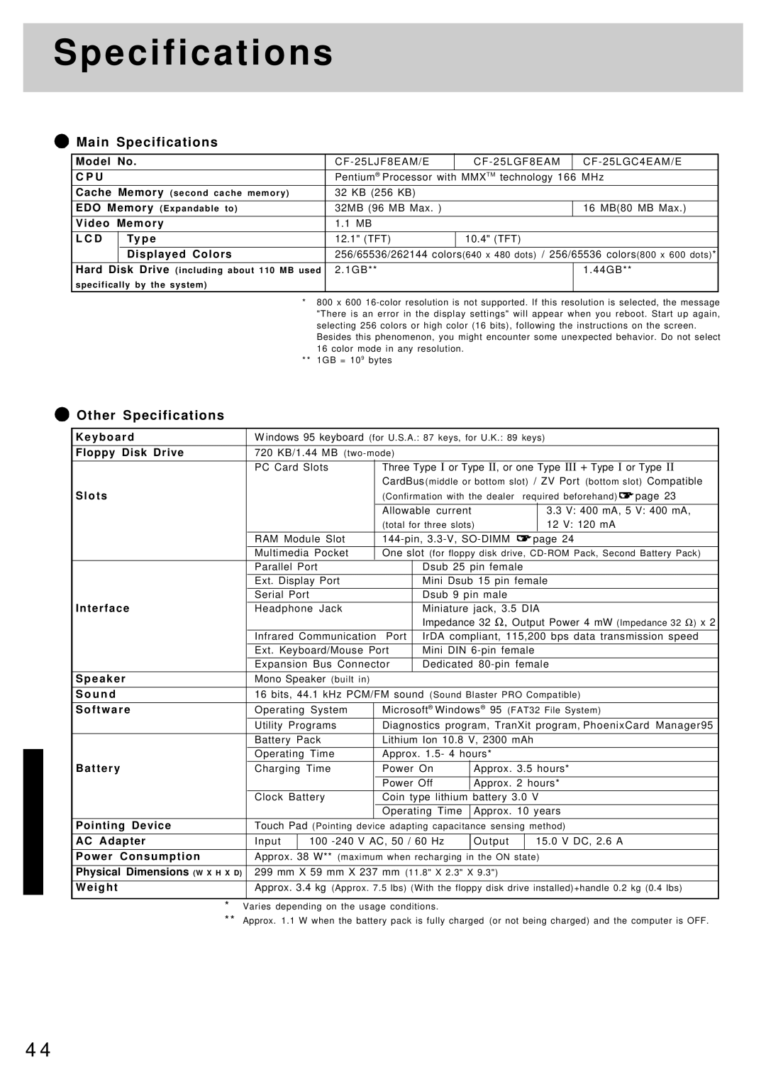 Panasonic CF-25 operating instructions Main Specifications, Other Specifications 