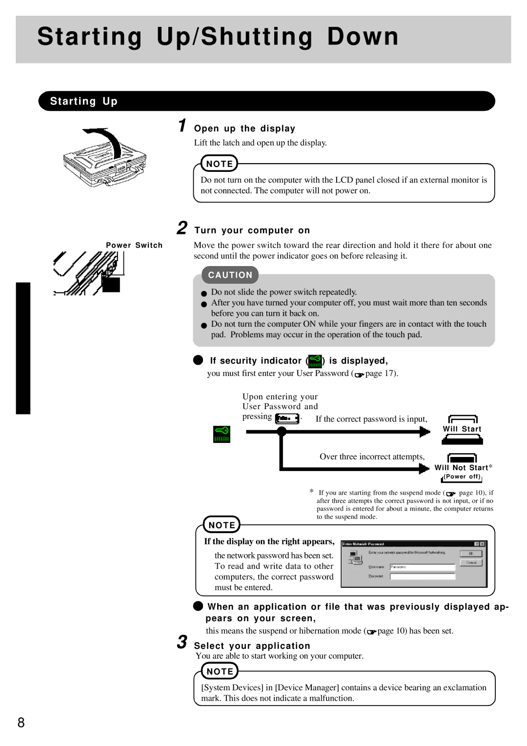 Panasonic CF-25 operating instructions Starting Up/Shutting Down 