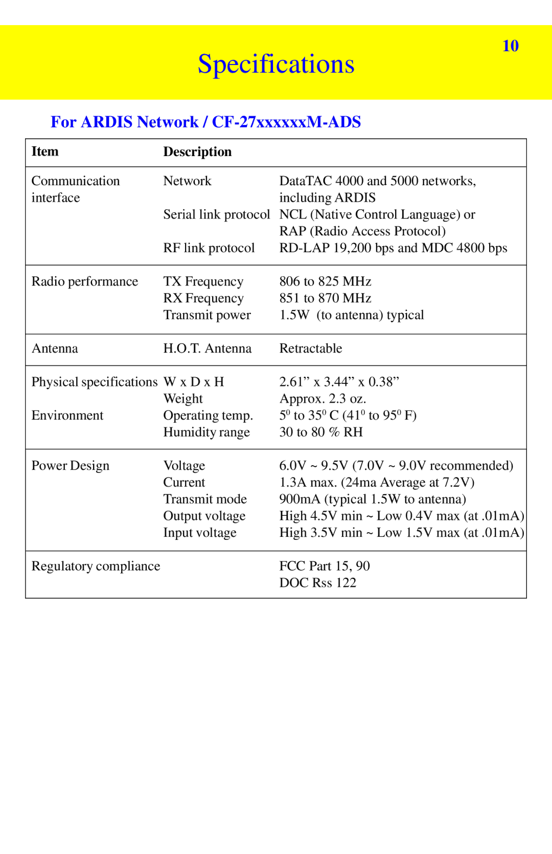 Panasonic CF-27******M-CDP, CF-27******M-RAM Specifications, For Ardis Network / CF-27xxxxxxM-ADS, Description 