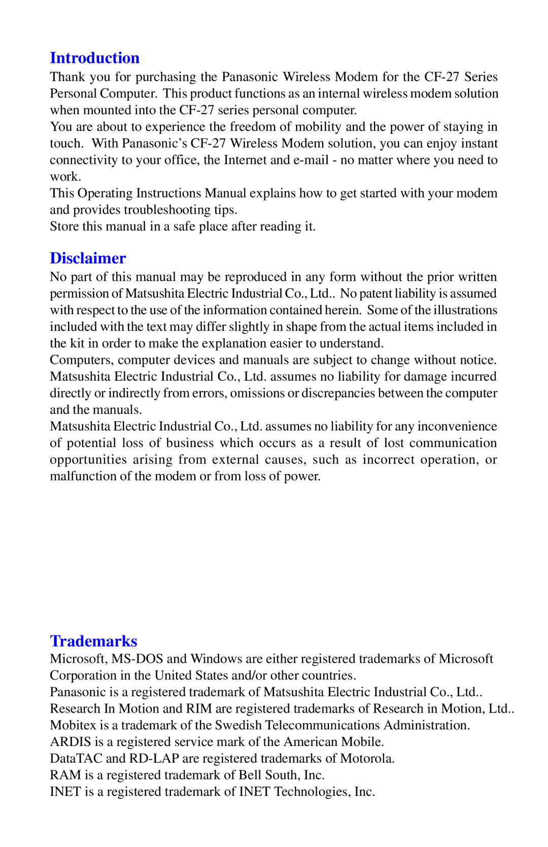 Panasonic CF-27******M-ADS, CF-27******M-RAM, CF-27******M-CDP operating instructions Introduction, Disclaimer Trademarks 