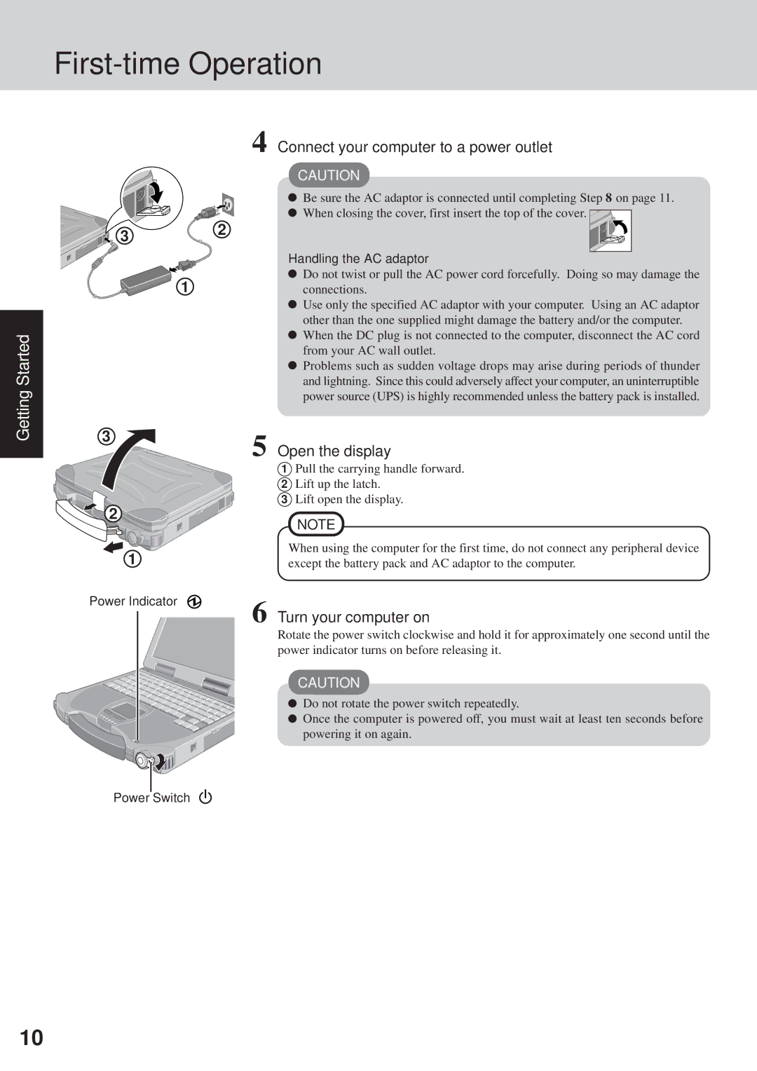 Panasonic CF-28 Series First-time Operation, Connect your computer to a power outlet, Open the display 