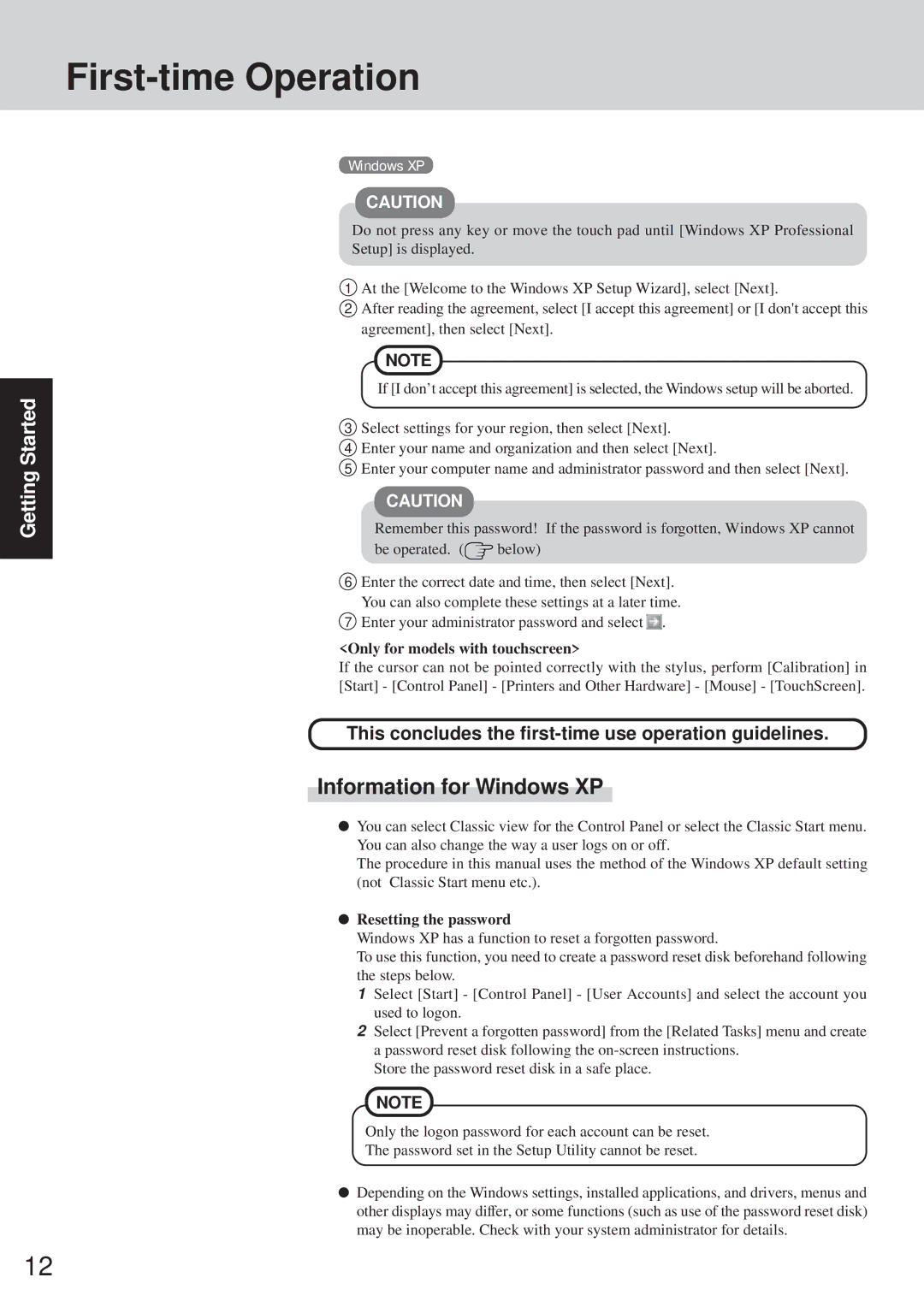 Panasonic CF-28 Series This concludes the first-time use operation guidelines, Resetting the password 