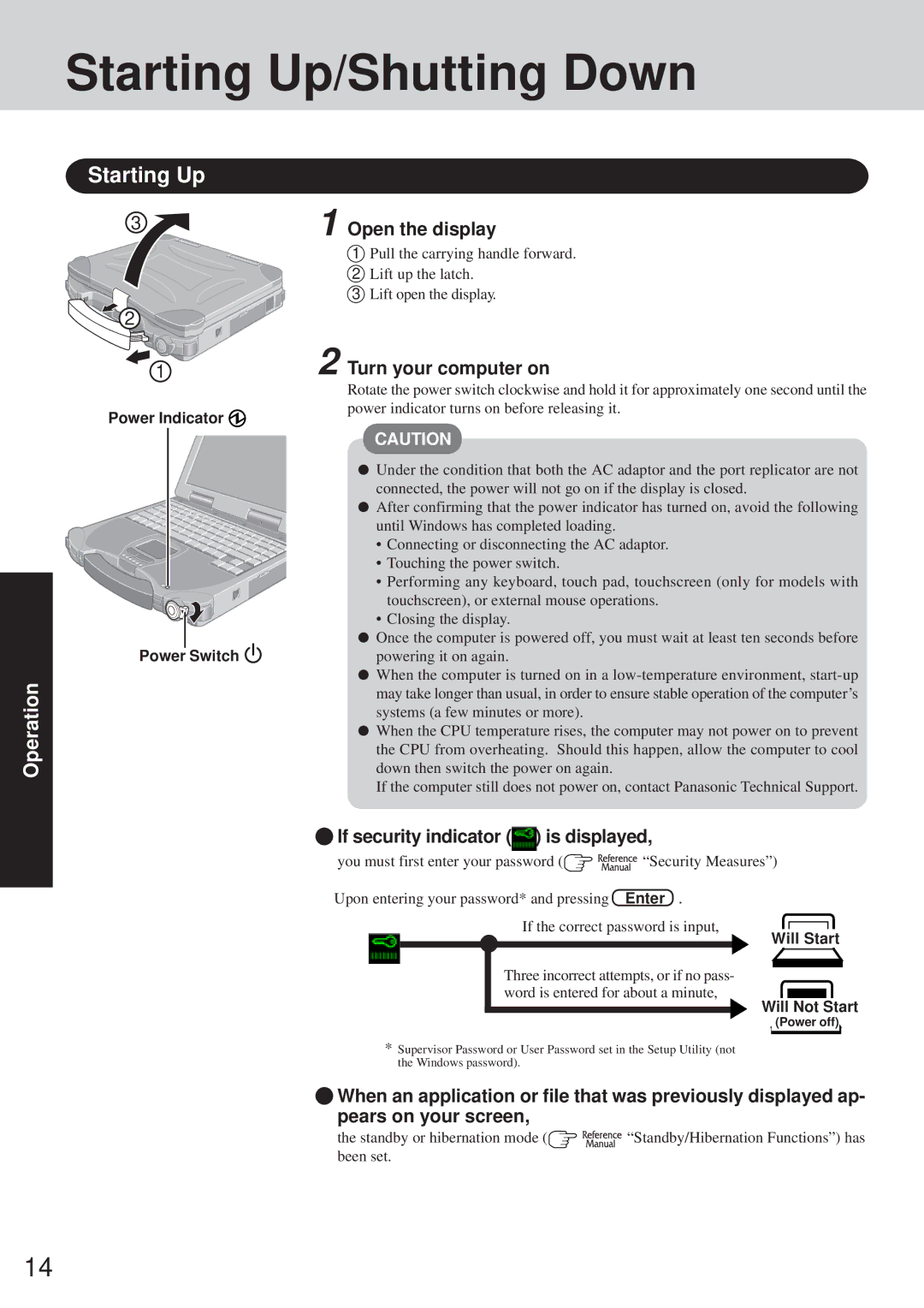 Panasonic CF-28 Series Starting Up/Shutting Down, If security indicator is displayed, Will Start, Will Not Start 