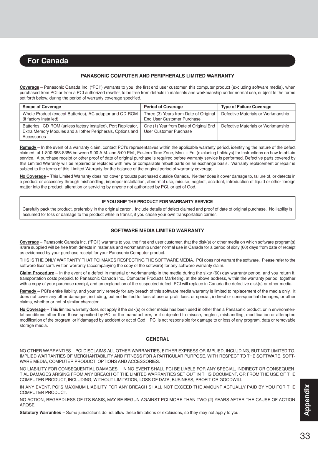 Panasonic CF-28 Series operating instructions Panasonic Computer and Peripherals Limited Warranty 