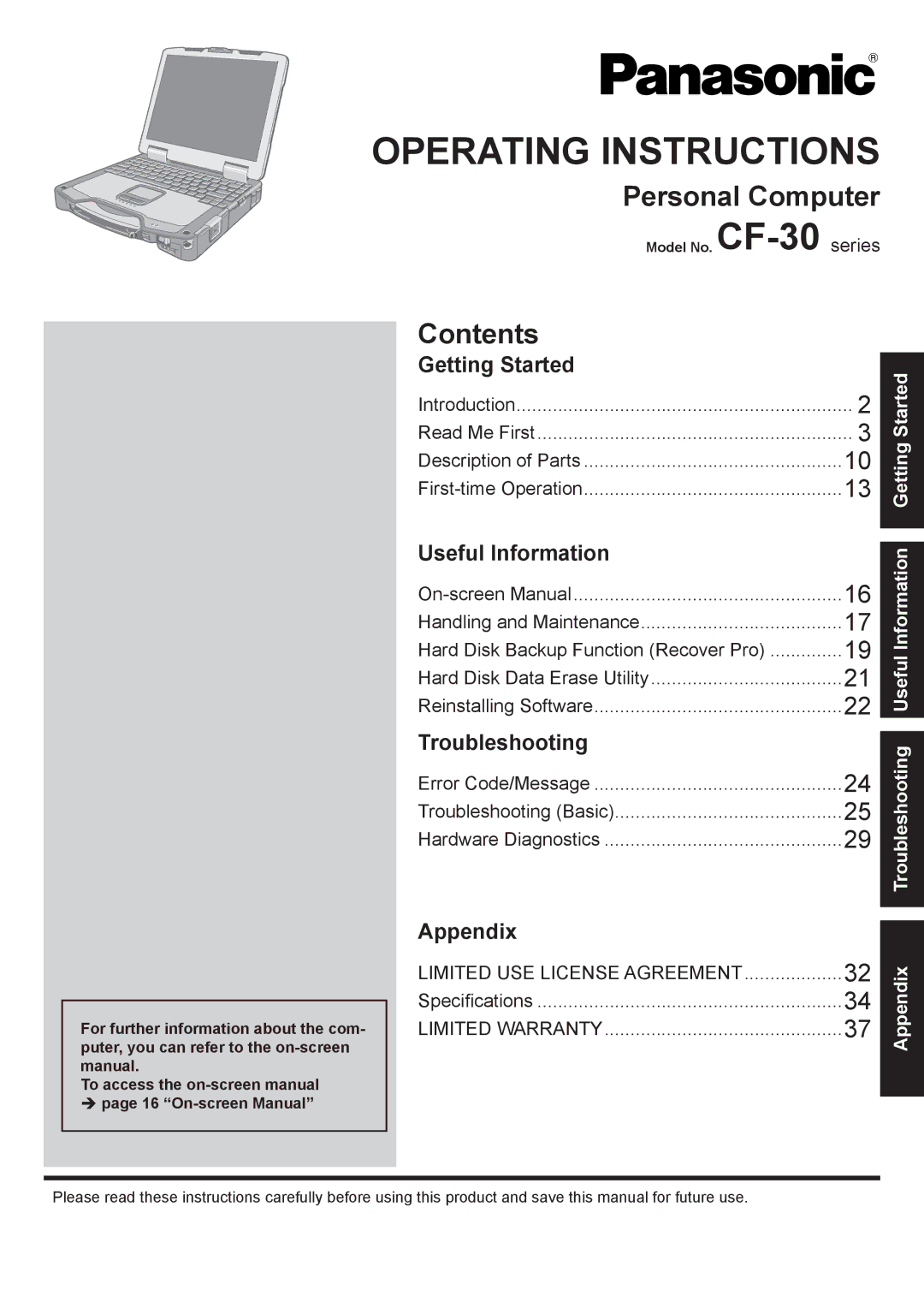 Panasonic CF-30 appendix Personal Computer, Contents 