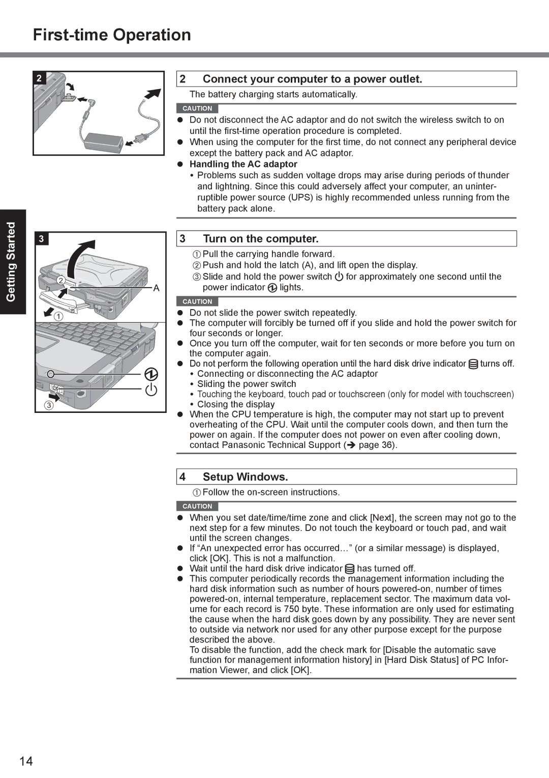 Panasonic CF-30 appendix First-time Operation, Connect your computer to a power outlet, Turn on the computer, Setup Windows 