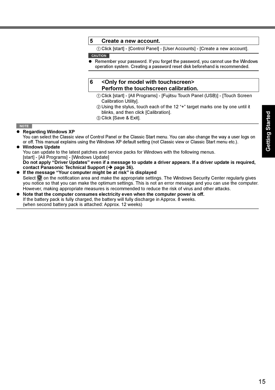 Panasonic CF-30 appendix Create a new account, Regarding Windows XP, Windows Update 