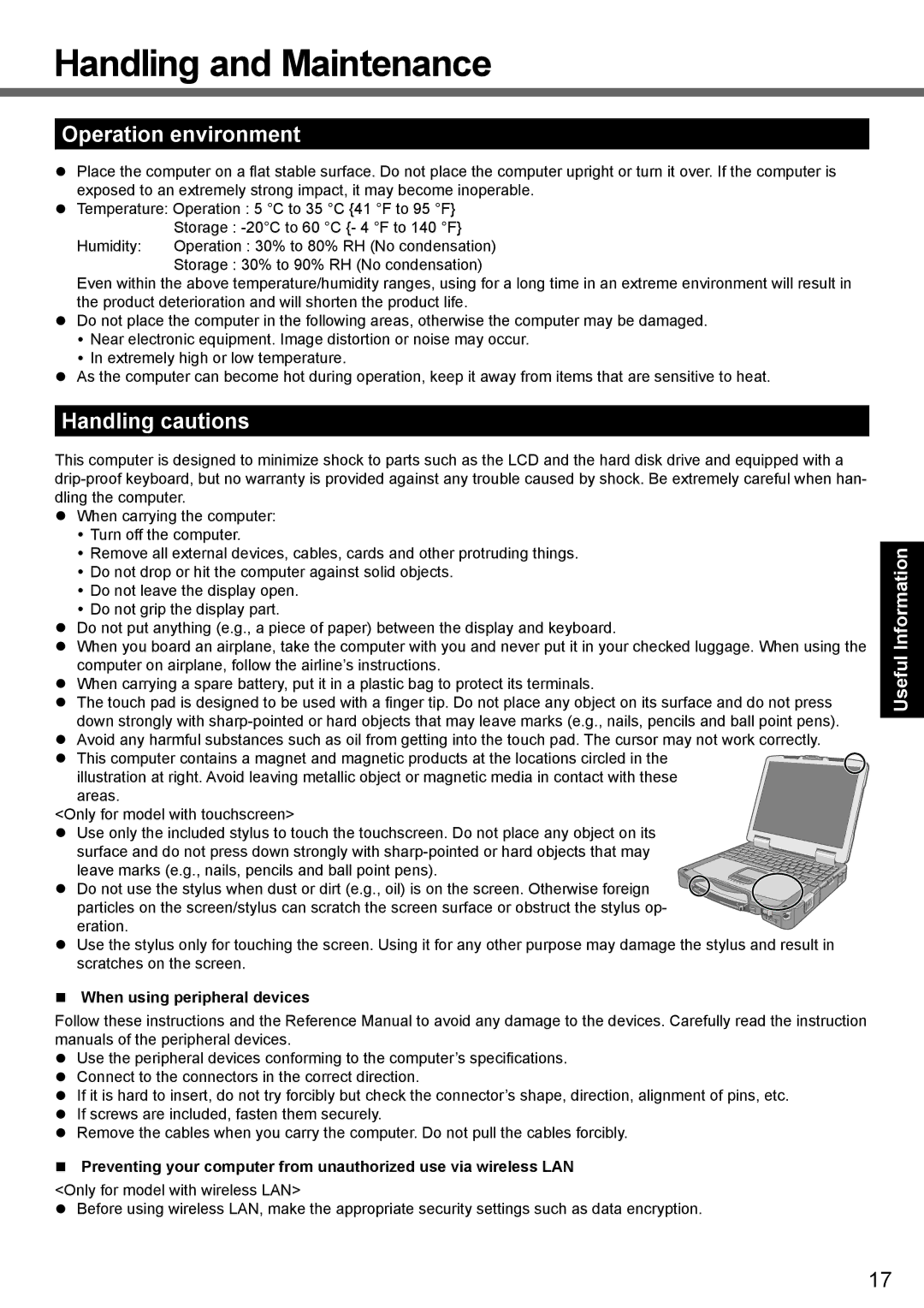 Panasonic CF-30 appendix Handling and Maintenance, Operation environment, Handling cautions, When using peripheral devices 