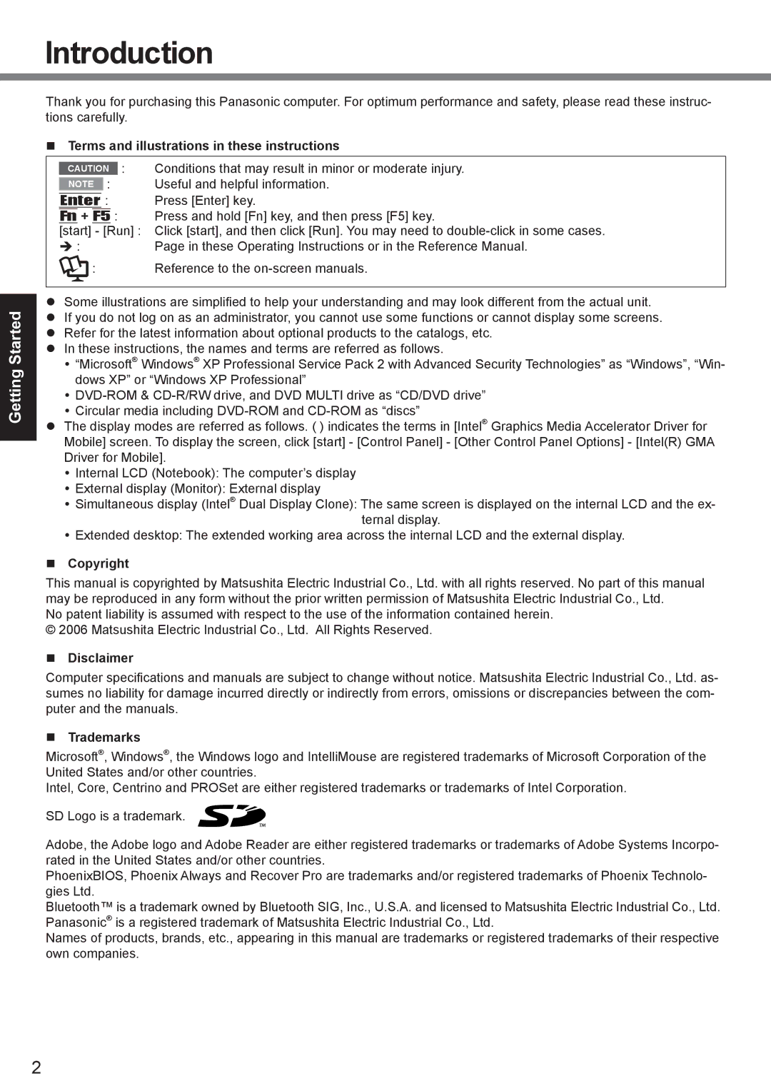 Panasonic CF-30 appendix Introduction, Terms and illustrations in these instructions, Copyright Disclaimer Trademarks 