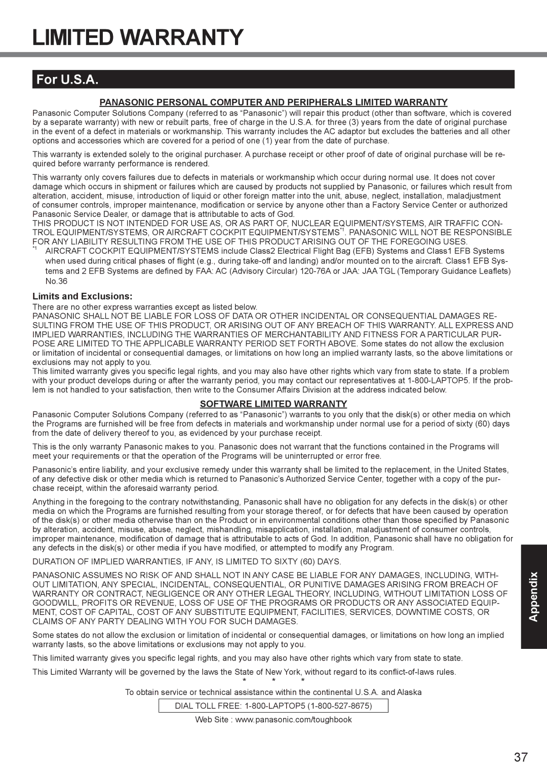 Panasonic CF-30 appendix For U.S.A, Limits and Exclusions 