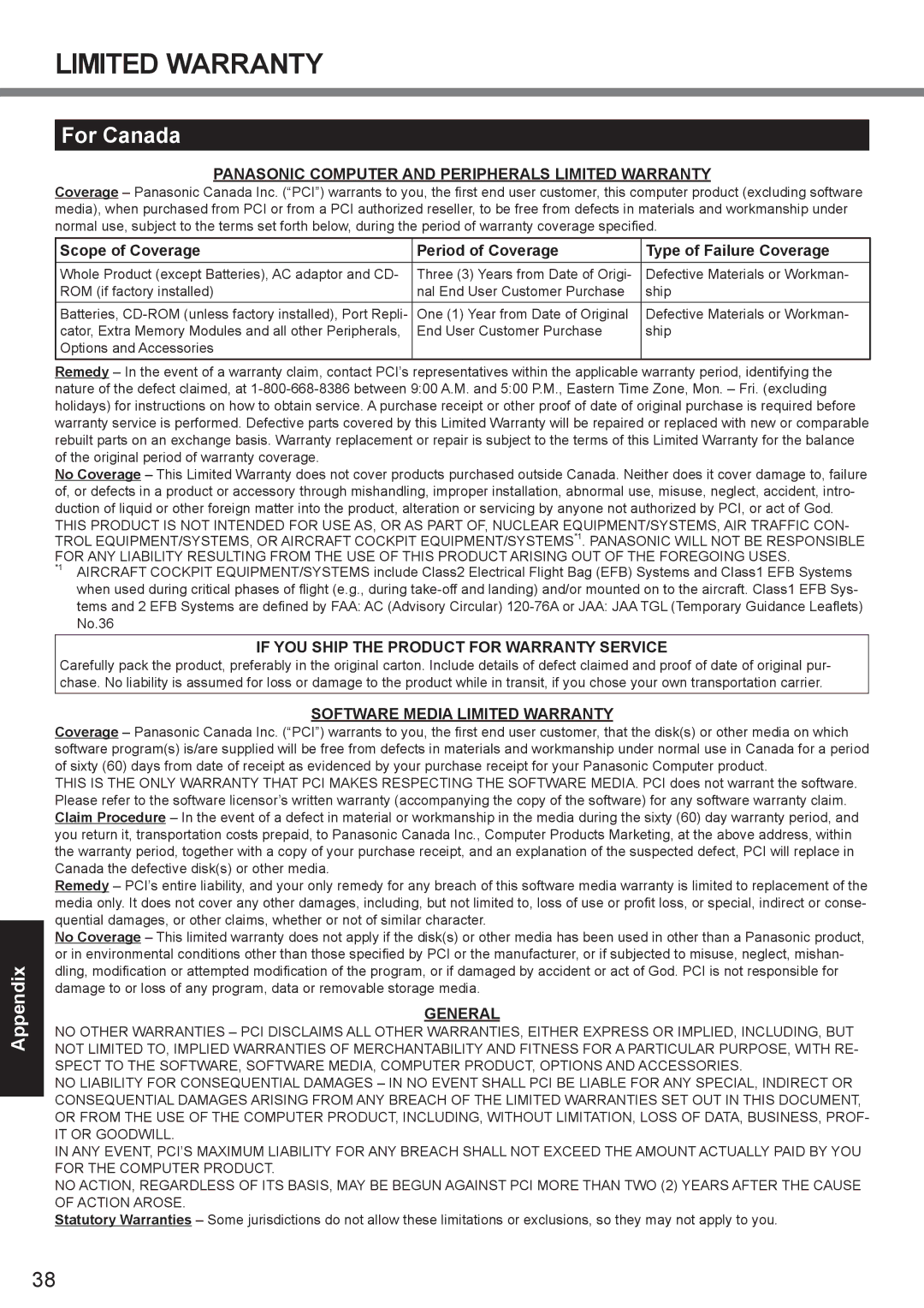 Panasonic CF-30 appendix Limited Warranty, For Canada 