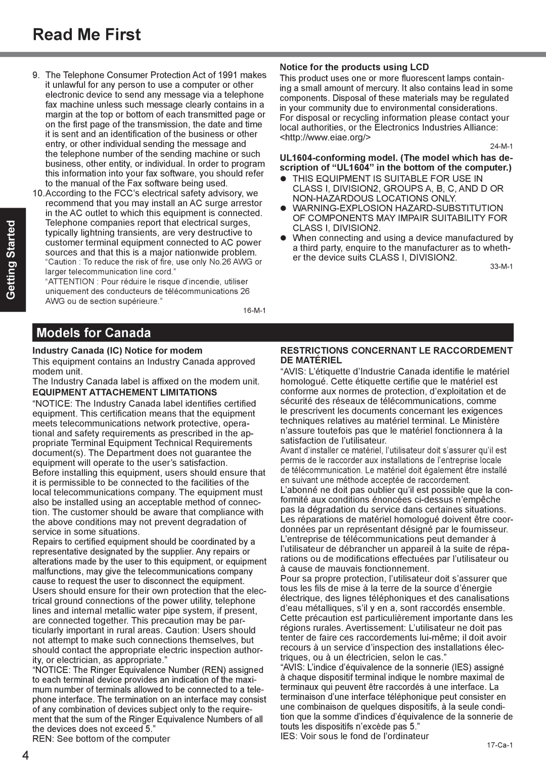 Panasonic CF-30 appendix Read Me First, Models for Canada, Industry Canada IC Notice for modem 