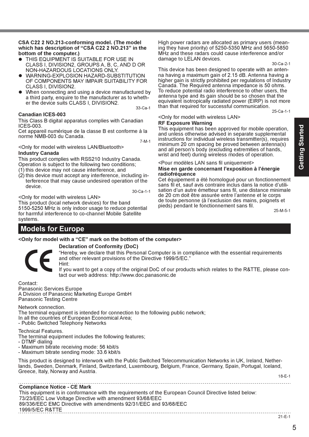 Panasonic CF-30 Models for Europe, Canadian ICES-003, Industry Canada, RF Exposure Warning, Compliance Notice CE Mark 