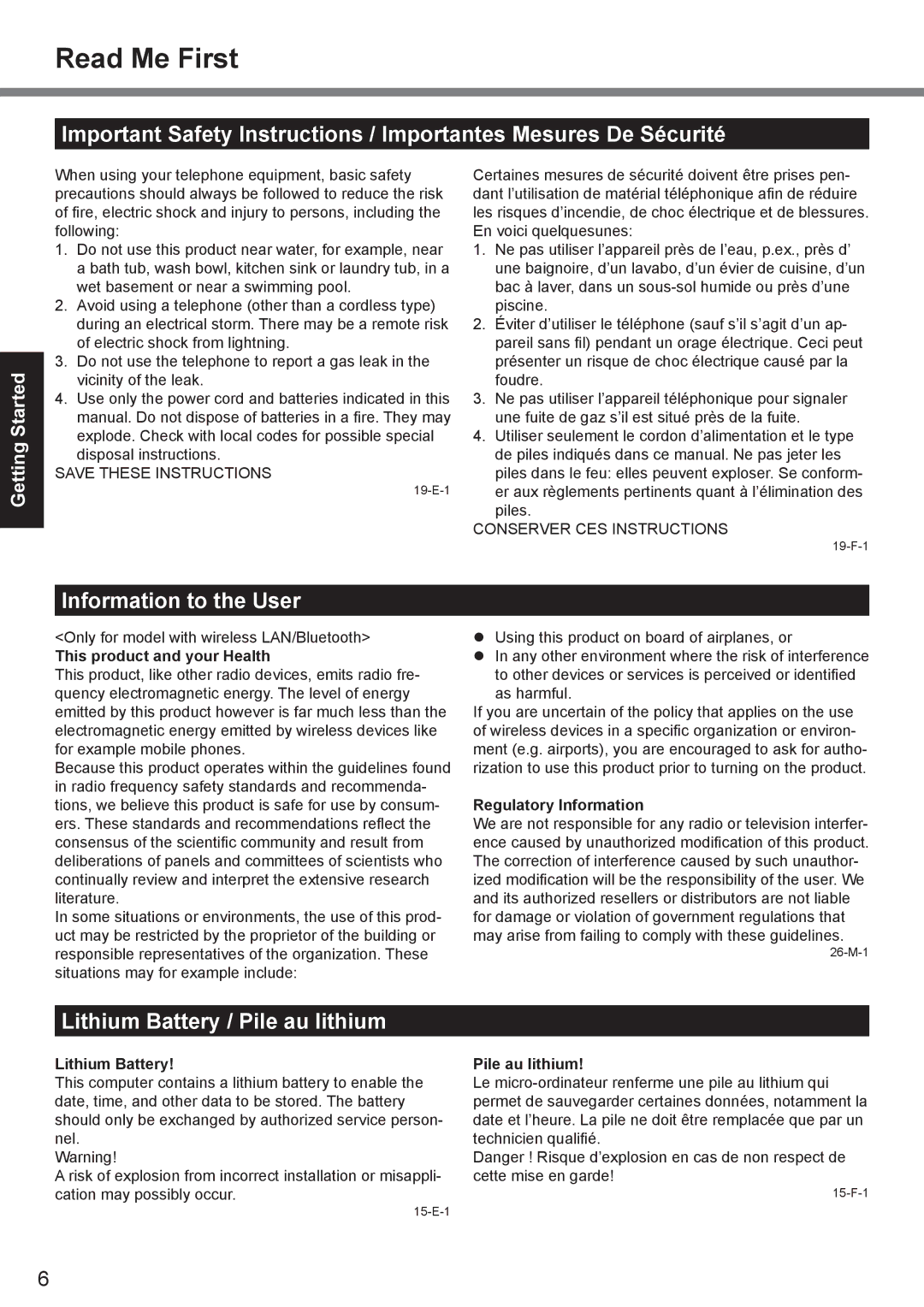 Panasonic CF-30 appendix Information to the User, Lithium Battery / Pile au lithium 