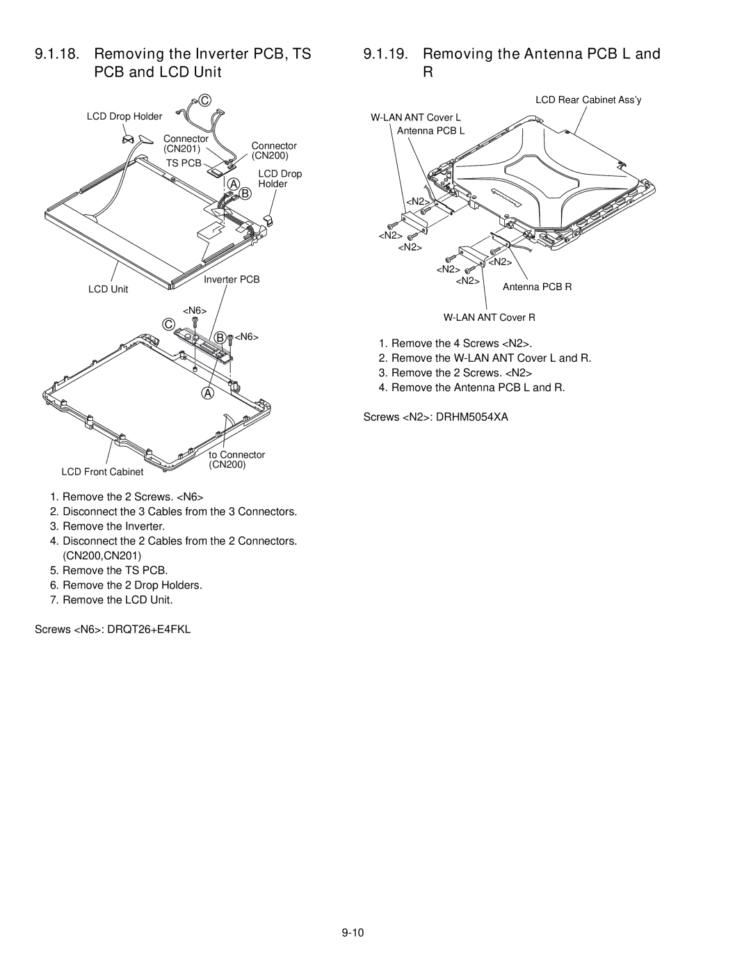 Panasonic CF-30KTPAXxM service manual Removing the Inverter PCB, TS PCB and LCD Unit, Removing the Antenna PCB L 