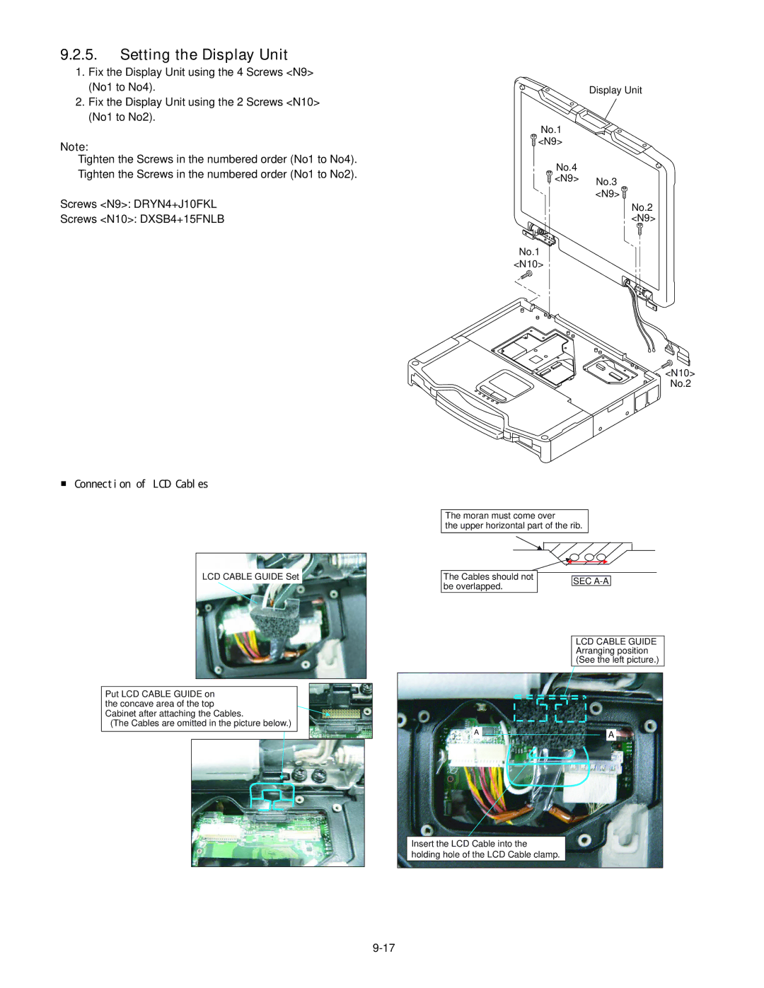 Panasonic CF-30KTPAXxM Setting the Display Unit, Screws N9 DRYN4+J10FKL Screws N10 DXSB4+15FNLB, Connection of LCD Cables 