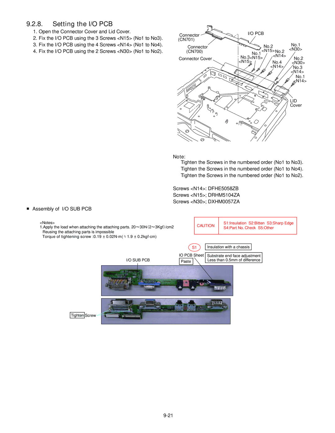 Panasonic CF-30KTPAXxM service manual Setting the I/O PCB, O㩷sub Pcb, Paste Insulation with a chassis, Tighten Screw 