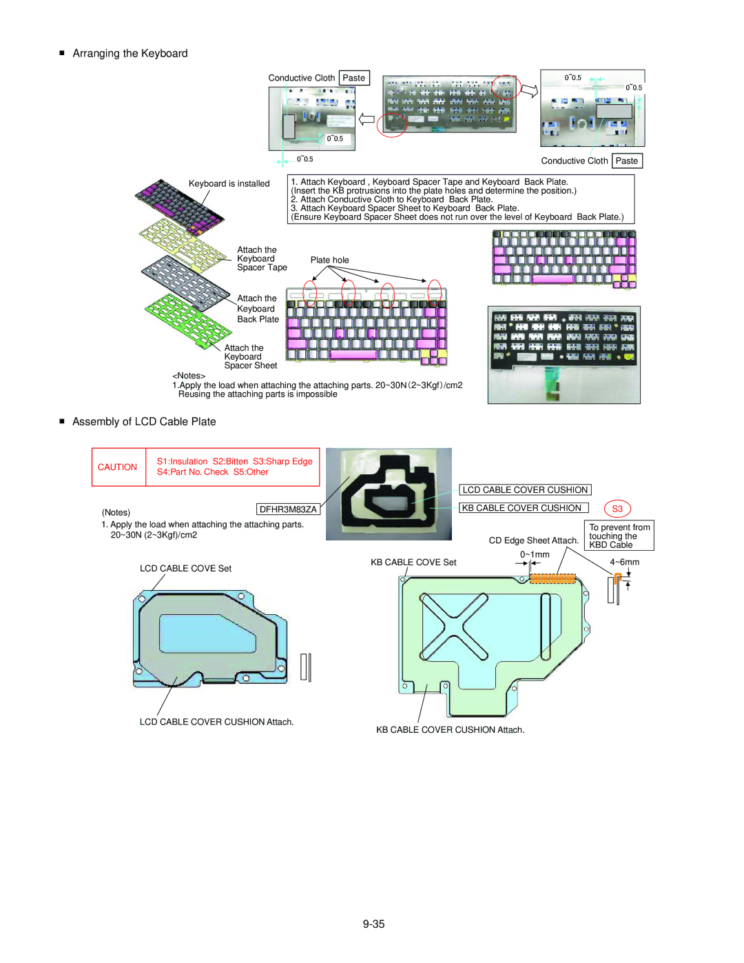 Panasonic CF-30KTPAXxM service manual Arranging the Keyboard, Assembly of LCD Cable Plate, LCD Cable Cover Cushion 