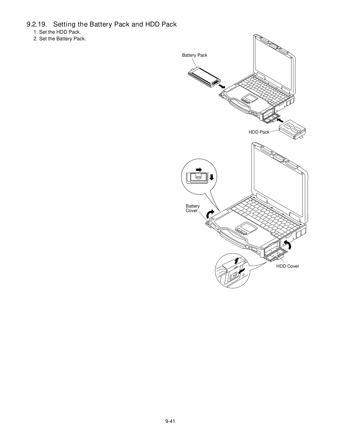 Panasonic CF-30KTPAXxM service manual Setting the Battery Pack and HDD Pack, Set the HDD Pack Set the Battery Pack 