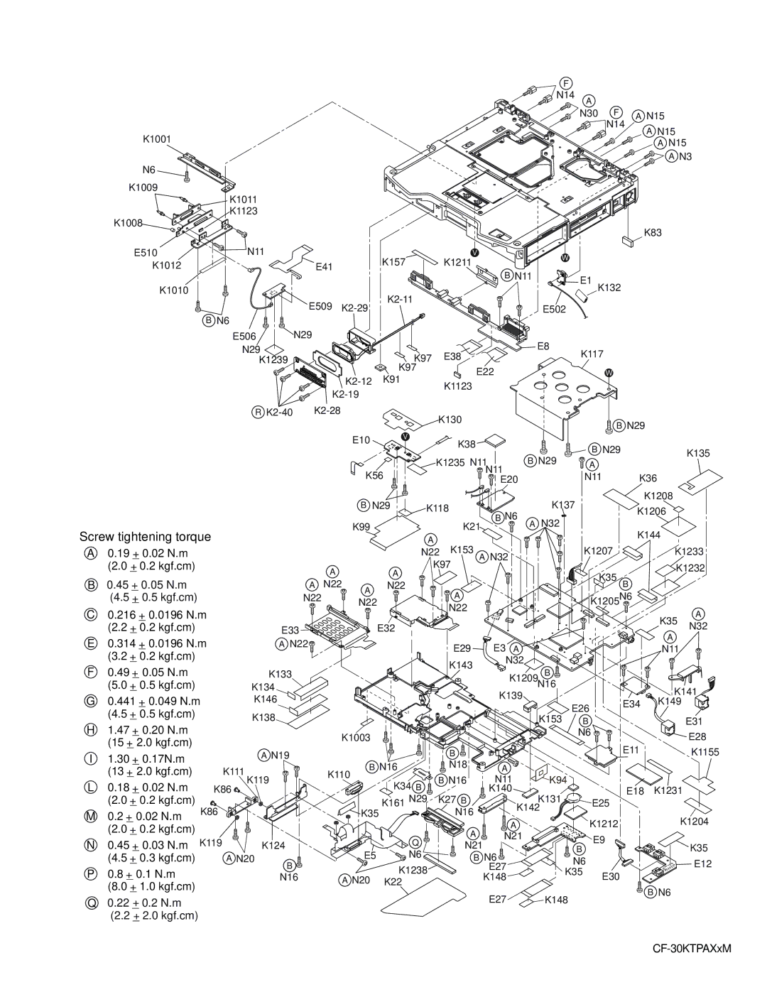 Panasonic CF-30KTPAXxM 19 + 0.02 N.m, 216 + 0.0196 N.m, 314 + 0.0196 N.m, 441 + 0.049 N.m, 30 + 0.17N.m, 13 + 2.0 kgf.cm 