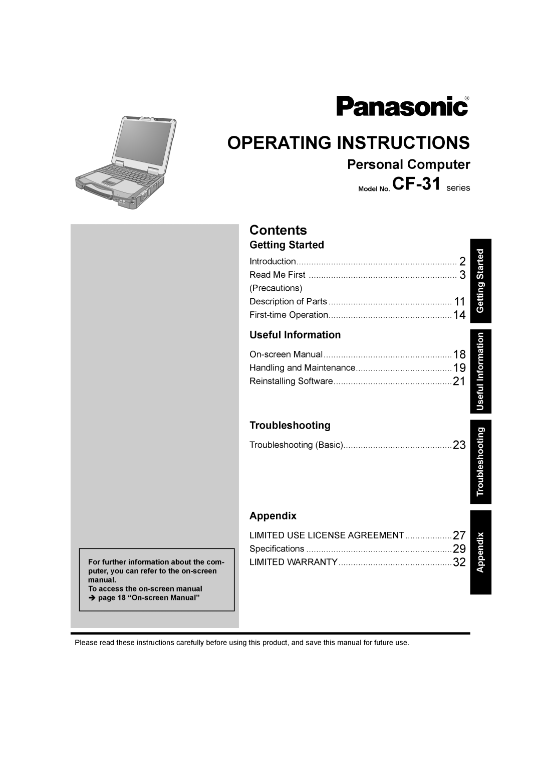 Panasonic CF-31 appendix Personal Computer, Contents 