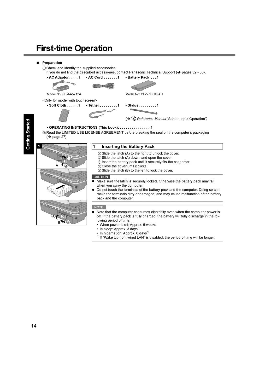 Panasonic CF-31 appendix First-time Operation, Preparation, AC Adaptor AC Cord Battery Pack, Soft Cloth Tether Stylus 