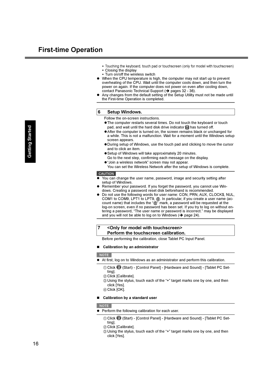 Panasonic CF-31 appendix First-time Operation, Calibration by an administrator, Calibration by a standard user 