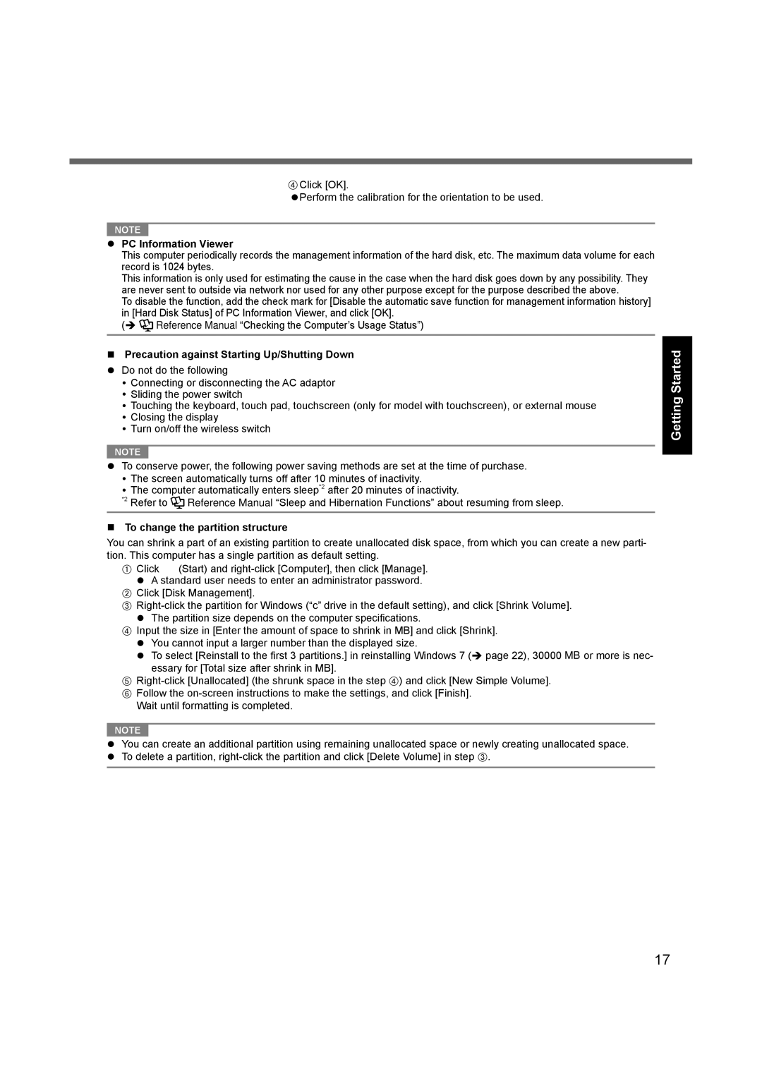 Panasonic CF-31 PC Information Viewer, Precaution against Starting Up/Shutting Down, To change the partition structure 