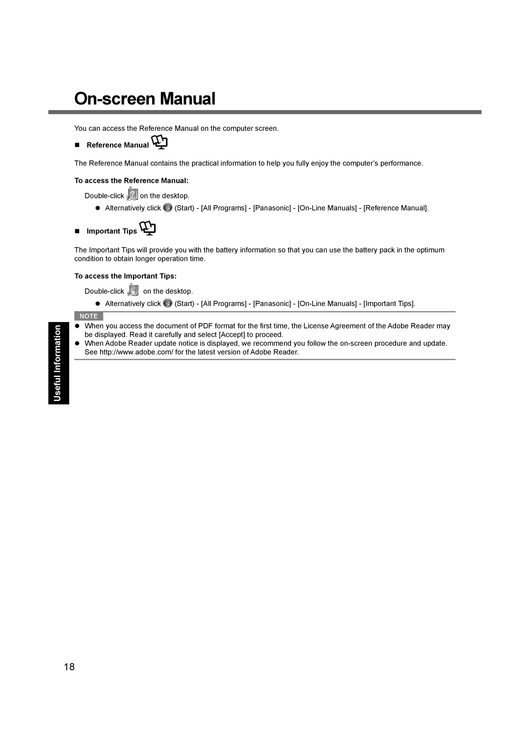 Panasonic CF-31 appendix On-screen Manual, To access the Reference Manual, To access the Important Tips 