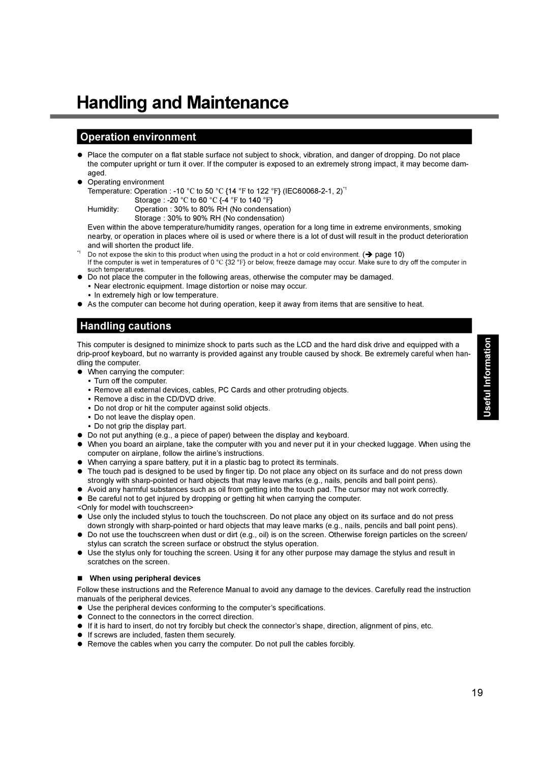 Panasonic CF-31 appendix Handling and Maintenance, Operation environment, Handling cautions, When using peripheral devices 