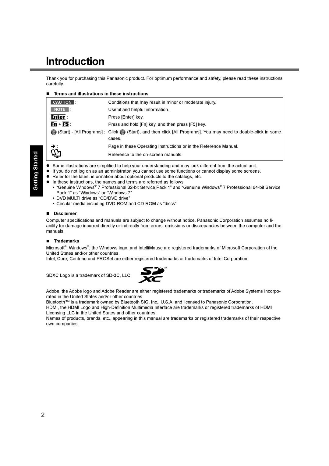 Panasonic CF-31 appendix Introduction, Terms and illustrations in these instructions, Disclaimer, Trademarks 