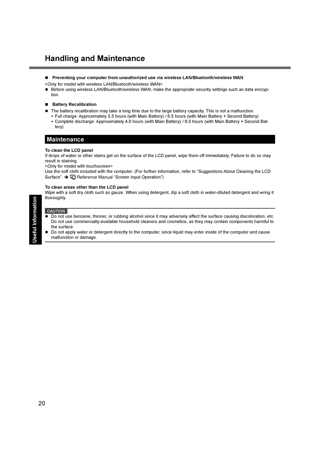 Panasonic CF-31 appendix Handling and Maintenance, Battery Recalibration, To clean the LCD panel 