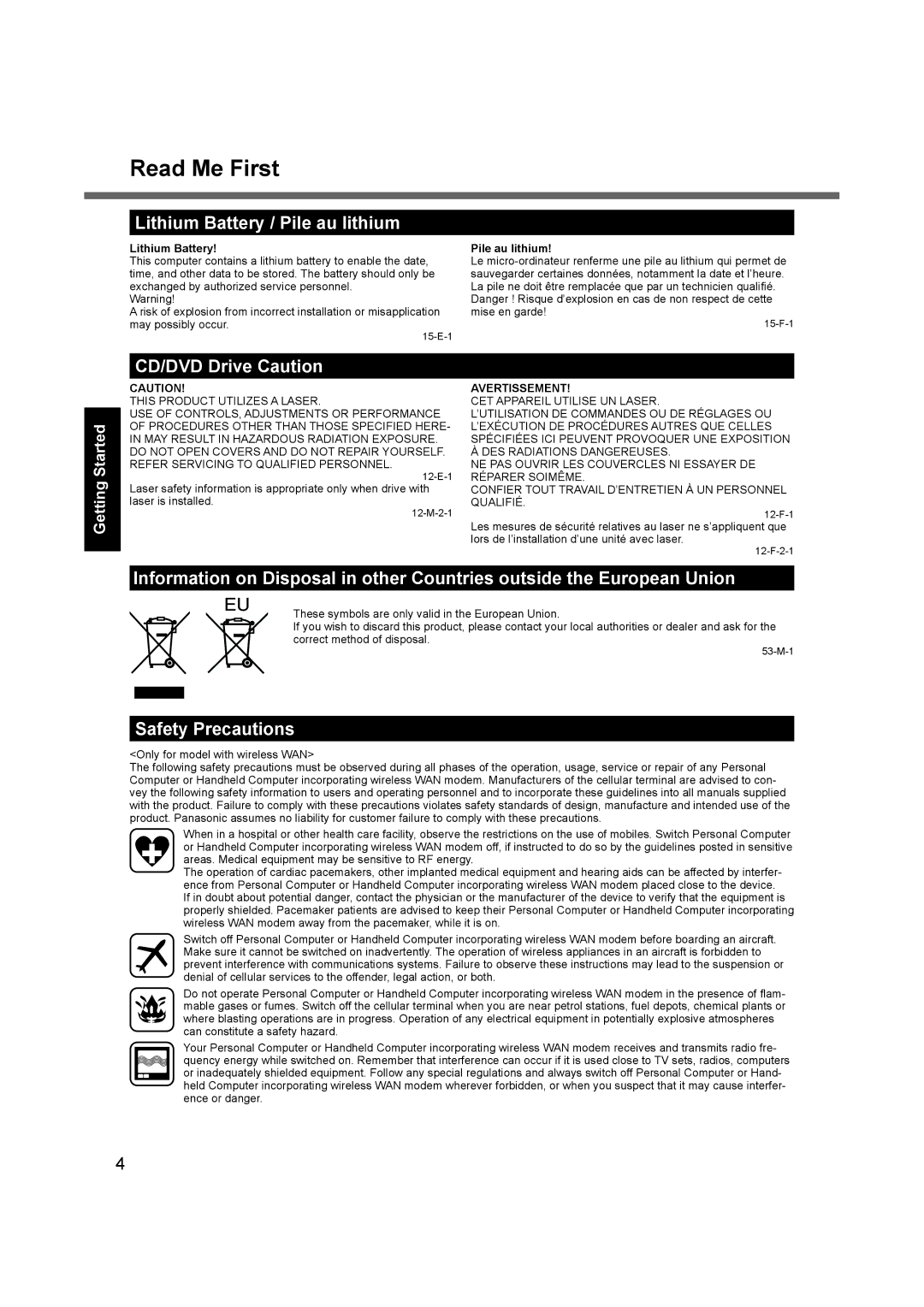 Panasonic CF-31 appendix Read Me First, Lithium Battery / Pile au lithium, CD/DVD Drive Caution, Safety Precautions 