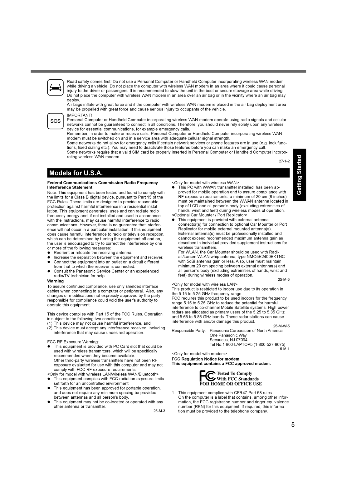 Panasonic CF-31 appendix Models for U.S.A, Only for model with wireless WAN 