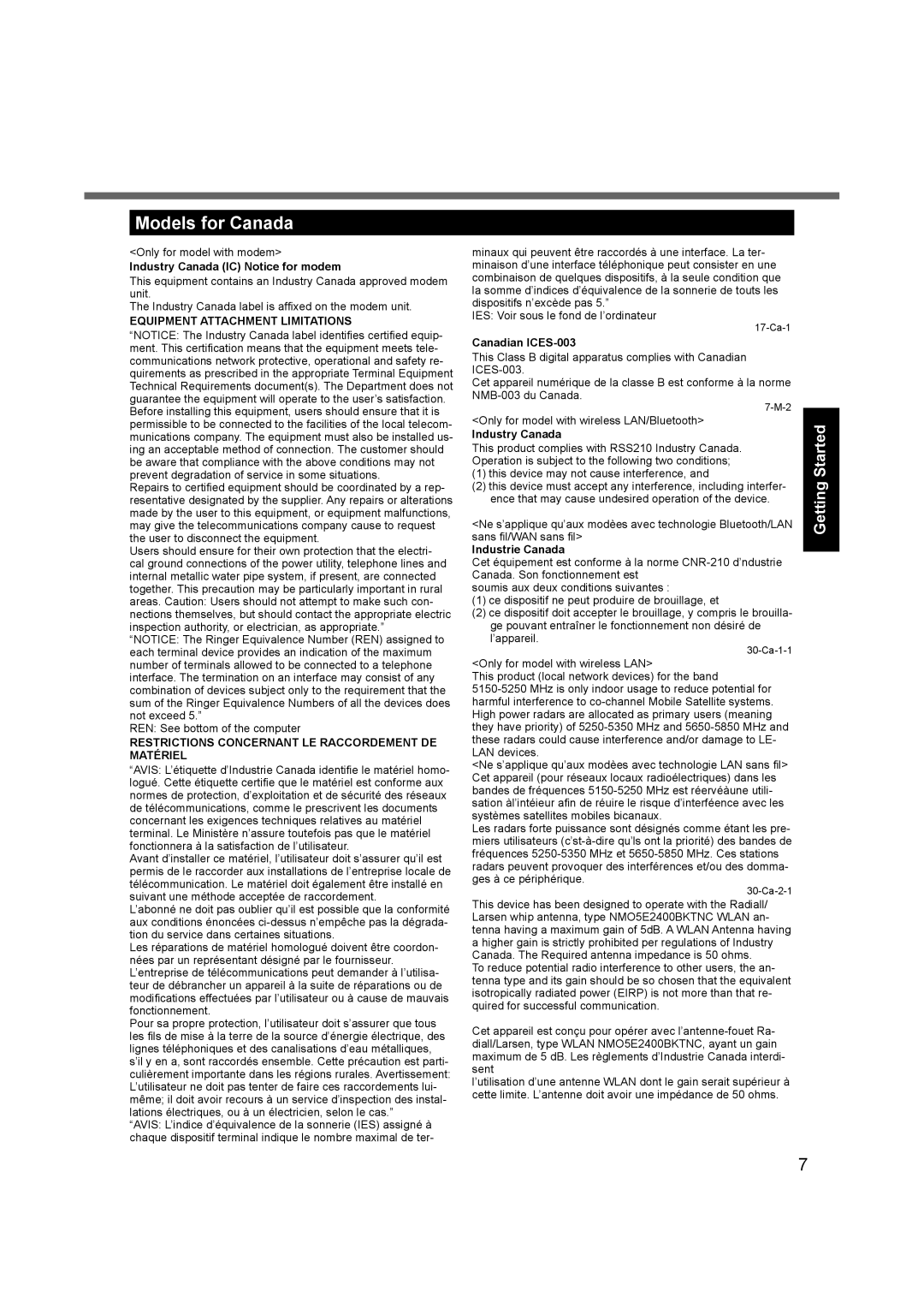 Panasonic CF-31 appendix Models for Canada, Industry Canada IC Notice for modem, Canadian ICES-003, Industrie Canada 