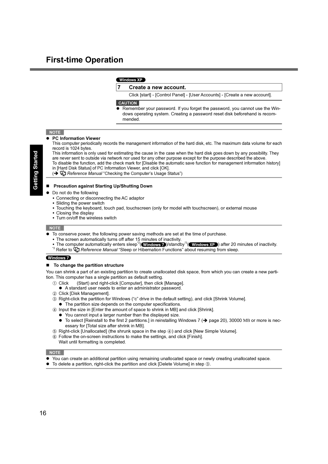 Panasonic CF-31 PC Information Viewer, Precaution against Starting Up/Shutting Down, To change the partition structure 