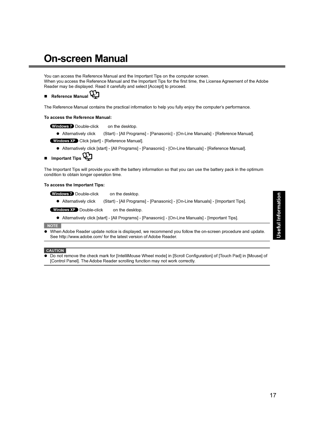 Panasonic CF-31 appendix On-screen Manual, To access the Reference Manual, To access the Important Tips 