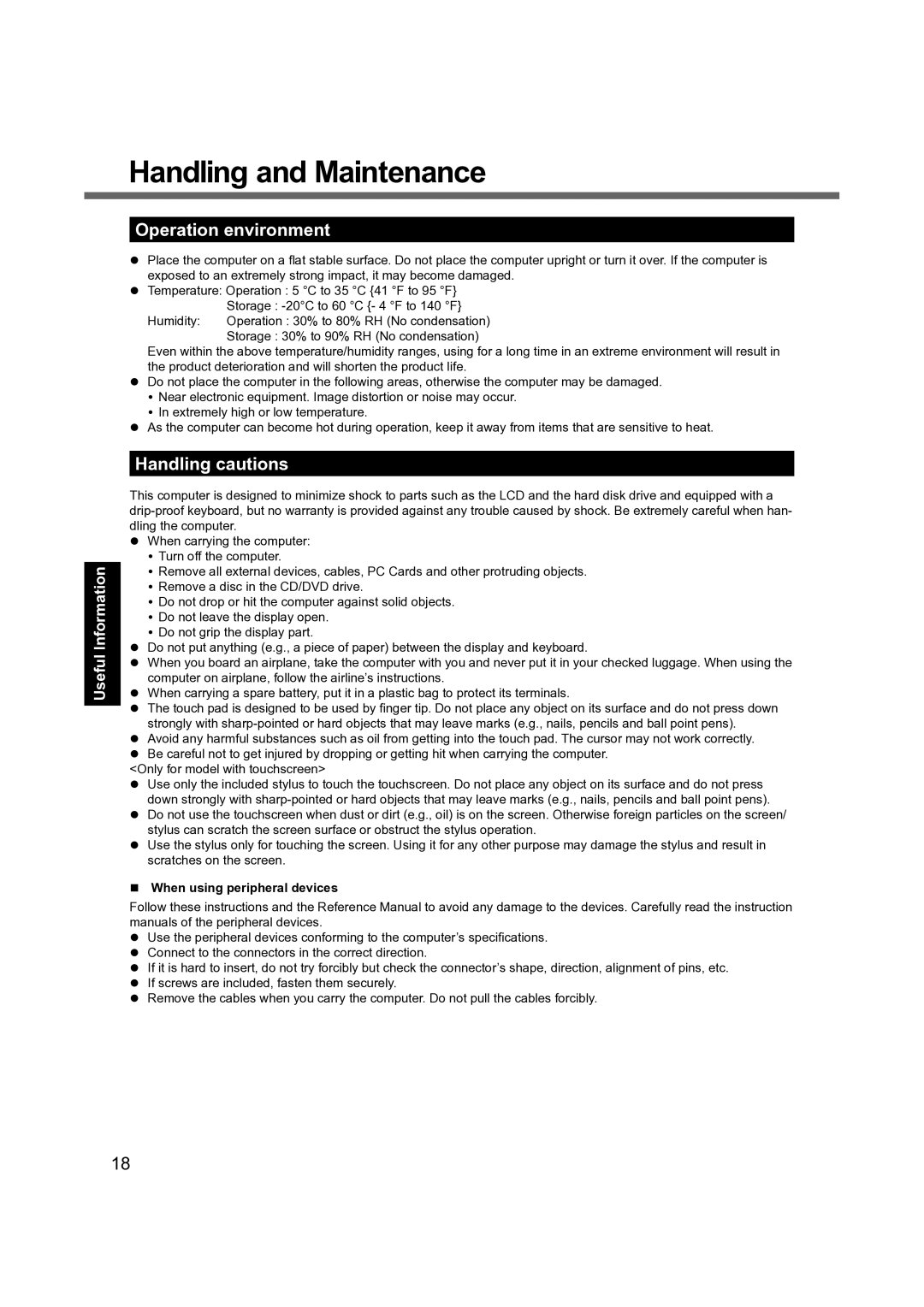 Panasonic CF-31 appendix Handling and Maintenance, Operation environment, Handling cautions, When using peripheral devices 