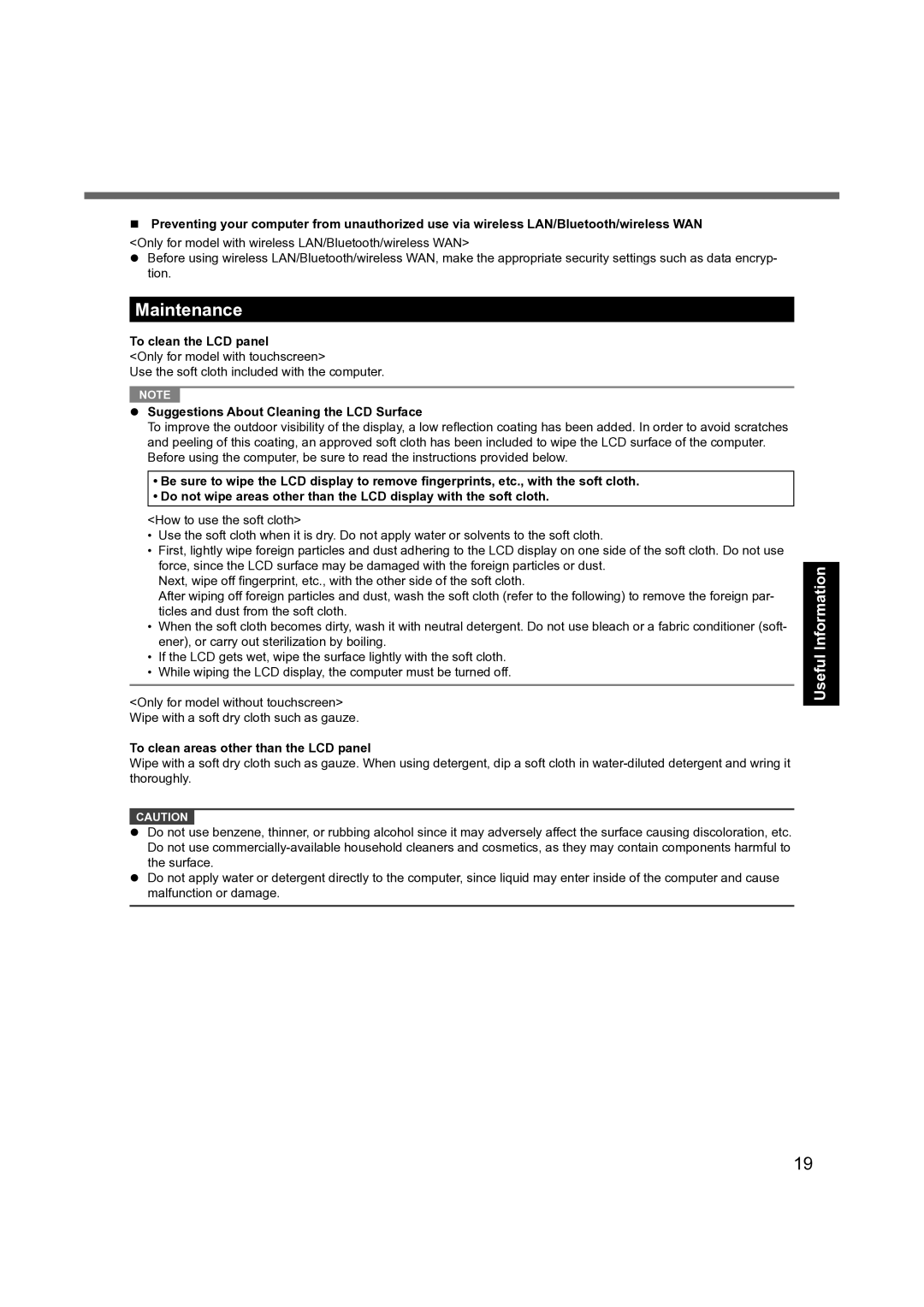 Panasonic CF-31 appendix Maintenance, To clean the LCD panel, Suggestions About Cleaning the LCD Surface 