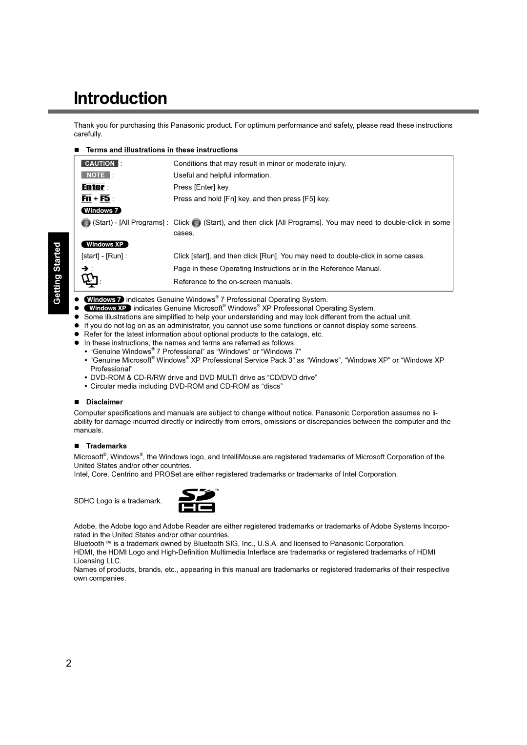 Panasonic CF-31 appendix Introduction, Terms and illustrations in these instructions, Disclaimer, Trademarks 